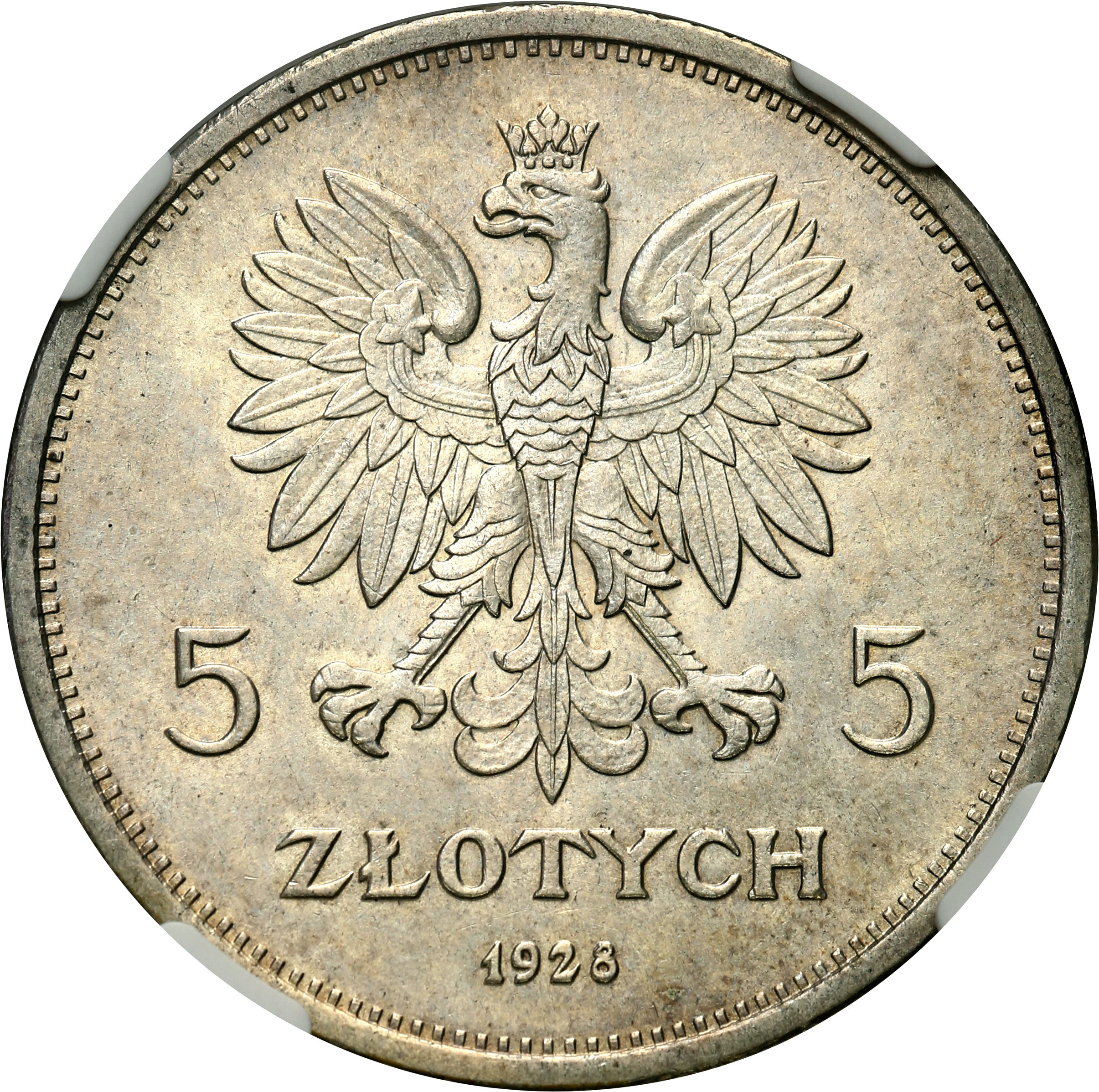 II RP. 5 złotych 1928 Nike (ze znakiem)  NGC MS61 - PIĘKNA